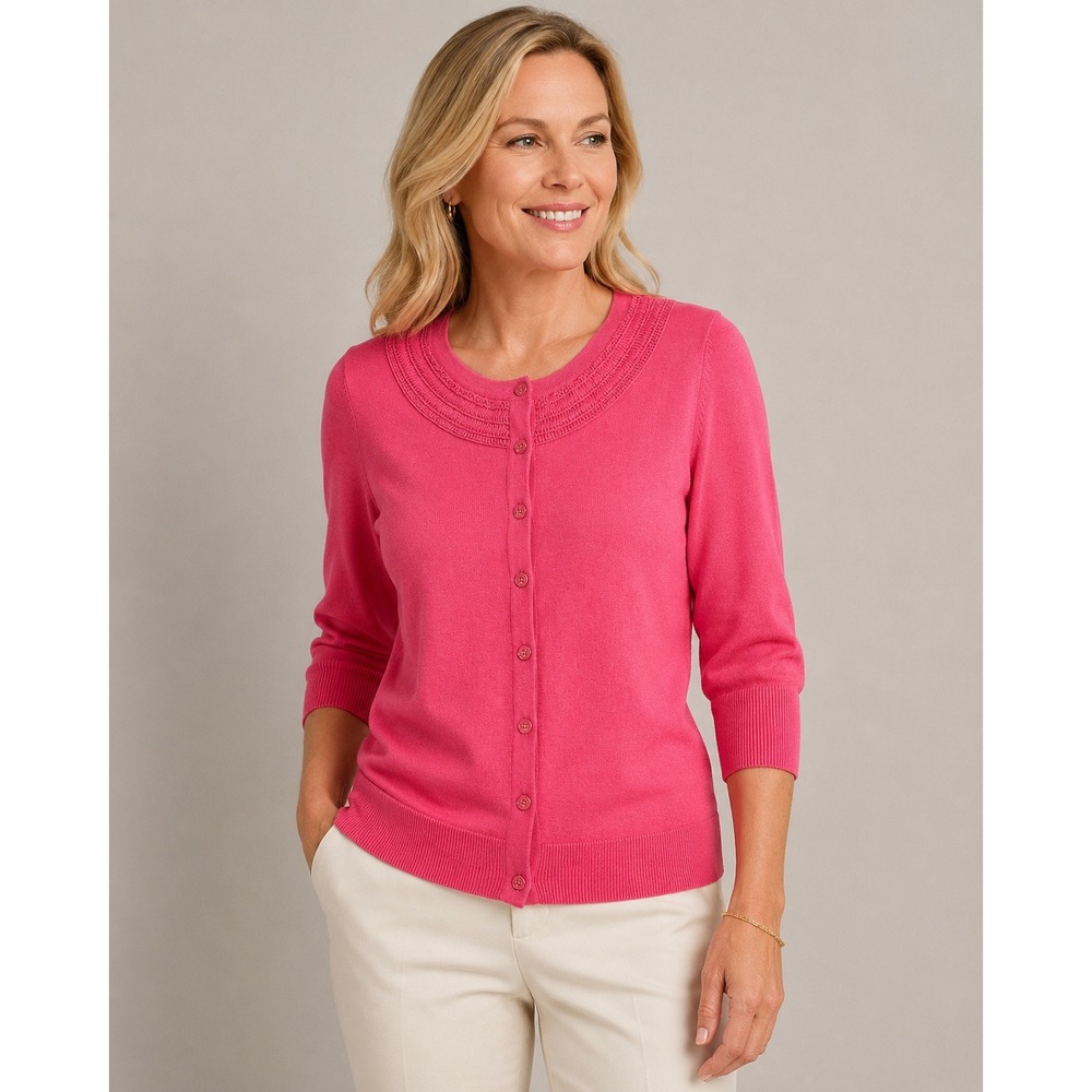 Talbots Pink Crochet Neck Button Front Cardigan Sweater Wms SP Petites 3/4 Slv